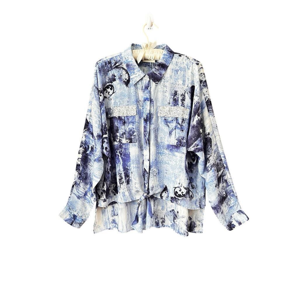 Chico's Women’s Shadow Scroll Emily Sequin Trim Tie Front Blouse Top Size 2-L
